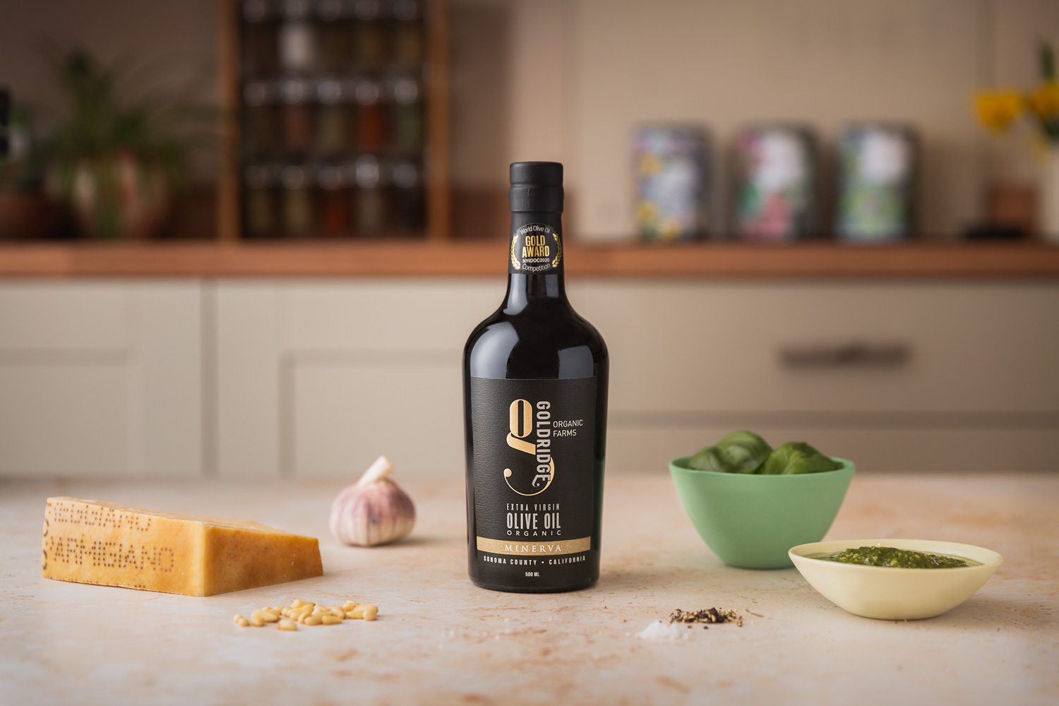 Styled olive oil product photography